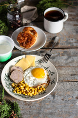 Fototapeta na wymiar fried eggs for breakfast and a mug of tea