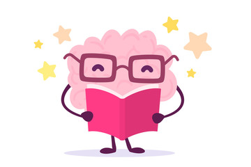 Vector illustration of pink color happy brain with glasses reading a book on white background with stars.