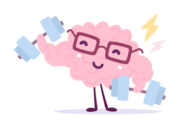 Vector illustration of pink color smile brain with glasses easy dumbbell swing on white background. Very strong cartoon brain concept. Doodle style.