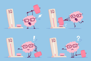 Different degree of impact with a hammer. Vector set of illustration of pink color human brain with glasses and measure level iq on blue background.