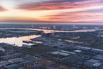 View on port of Antwerp before sunrise with Van Moer Logistics in the foreground © Sebastian