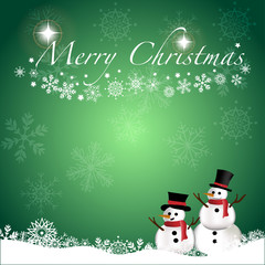 Vector and illustration elements of Merry Christmas theme background with cute hand drawing snowman, snowflake, snowfall, snowball, and shiny star on bright green color background