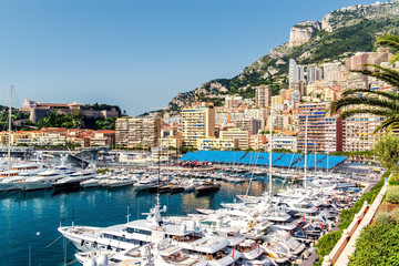 Port in Monaco, luxury yachts in a row
