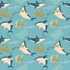 Cartoon vector angry sharks seamless pattern