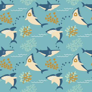 Cartoon vector angry sharks seamless pattern