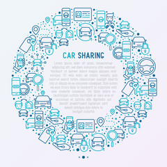 Car sharing concept in circle with thin line icons of driver's license, key, blocked car, pointer, available, searching of car. Vector illustration for banner, web page, print media.