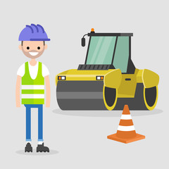 Young engineer wearing hard hat and reflecting vest. Asphalt paving works. Industrial illustration. Yellow steamroller and orange cone. Flat vector illustration, clip art.