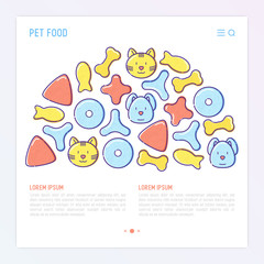 Pet food concept in half circle with thin line icons of dry food in different shapes and cute dog and cat. Modern vector illustration.