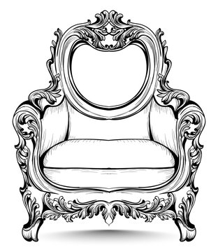Baroque chair with luxurious ornaments. Vector French Luxury rich intricate structure. Victorian Royal Style decors