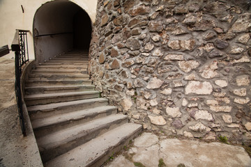 Stone stairs in palanok Castle XI century. Mukacheve, Ukraine