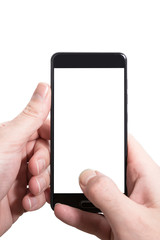 male person using both hands to vertically hold smartphone with empty screen isolated on white template