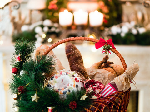 Christmas goods in a basket. Festive holiday food gift concept