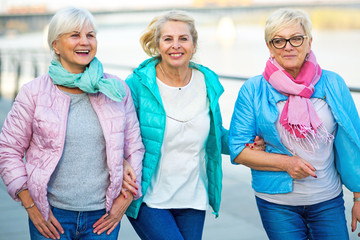 Group of smiling senior women standing outside
