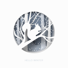 Hello winter 3d abstract paper cut illustration of snow squirrel in the forest. Vector template