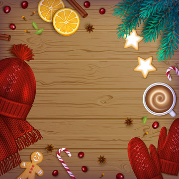 Merry Christmas and Happy New Year Greeting Background. Winter Elements fir branches, knitted red hat, mittens, cup of coffee, spice, sweets, berries, bakery on a wooden table. Top View. Vector