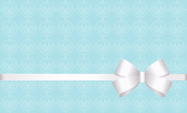 Vector Invitation card with white holiday ribbon and bow on blue background. Gift Voucher Template  with  place for text.