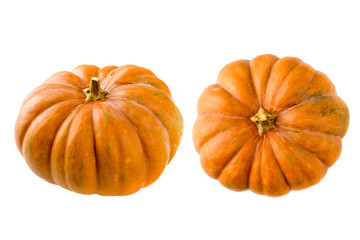 Two pumpkins isolated on white background. Top and front view.