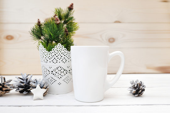 Christmas mock up styled stock product image white cup, Christmas scene with a white blank coffee mug that you can overlay your custom design