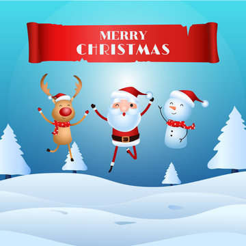 Cheerful santa claus, snowman, reindeer are christmas companion. christmas snow scene. Merry christmas and happy new year.