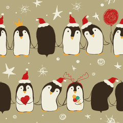 Fototapeta premium Christmas Seamless Pattern Of Penguins.