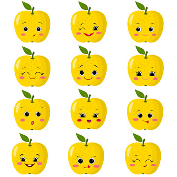 Set of flat icons of yellow apples smiles.