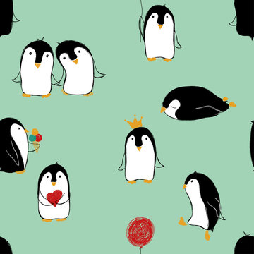 Seamless Pattern Of Penguins.
