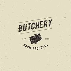 Emblem of Butchery meat shop with Pig silhouette, text The Butchery, Fresh Meat, farm products. Logo template for meat business - farmer shop, market, restaurant or design - banner, sticker.