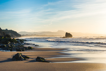 Sunset time on a beach in Biarritz, Basque country of France - obrazy, fototapety, plakaty
