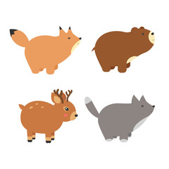 Forest animals set of icons and illustrations. Cartoon illustration of baby animals including deer, wolf, bear, fox. Logo, badges, banners, emblem and design elements.