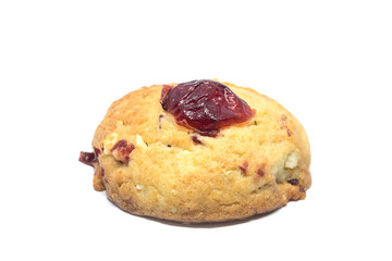 Cranberry cookie with part of cranberry on top  isolated on white background