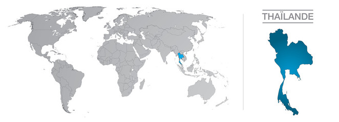Thaïlande dans le monde, avec frontières et tous les pays du monde séparés 