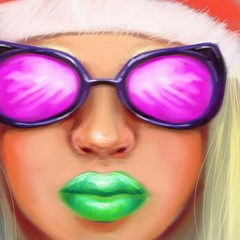 Beautiful bright blonde girl in pink glasses and a New Year hat in the style of digital oil painting