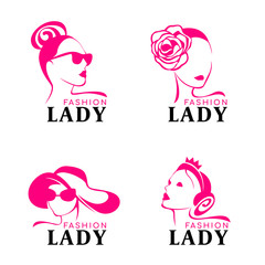 lady fashion logo with woman face Wearing crown jewelery, hat goggles vector design