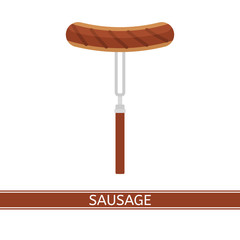 Vector illustration of grilled sausage on roasting stick isolated on white background, flat style