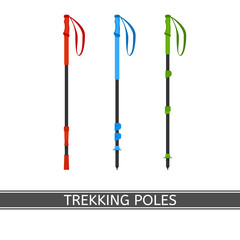 Vector illustration of trekking poles, isolated on white background, for hiking, camping, climbing. Sport equipment in flat style.