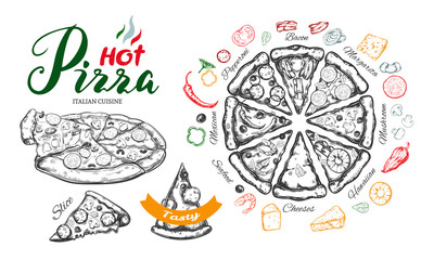 Hot Pizza set with ingredients and different types of pizza slices. Vector hand drawn illustration. Modern brushpen Calligraphy, Lettering. Sketch styled isolated objects