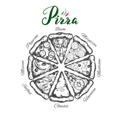Different types of pizza slices. Vector hand drawn illustration. Modern brushpen Calligraphy, Lettering. Sketch styled isolated objects