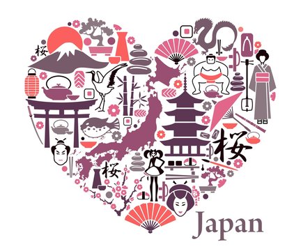 Japan icons in the form of a heart