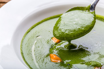 spinach soop spoon close-up salmon