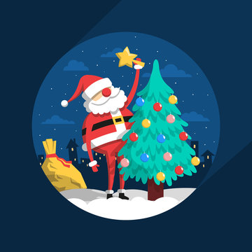 Santa Claus decorates with toys Christmas tree on  background of a night city in the night.