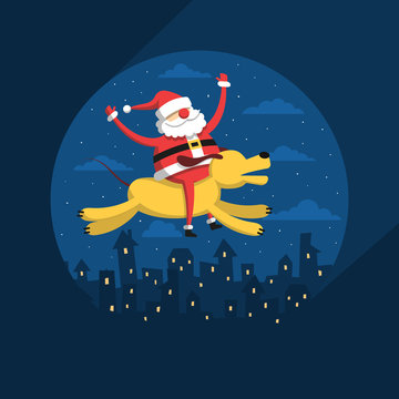 Santa Claus flies on a yellow dog over the night city.