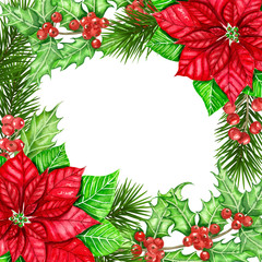 Frame made of poinsettia and holly berry painted with watercolor. Christmas design with space for text.