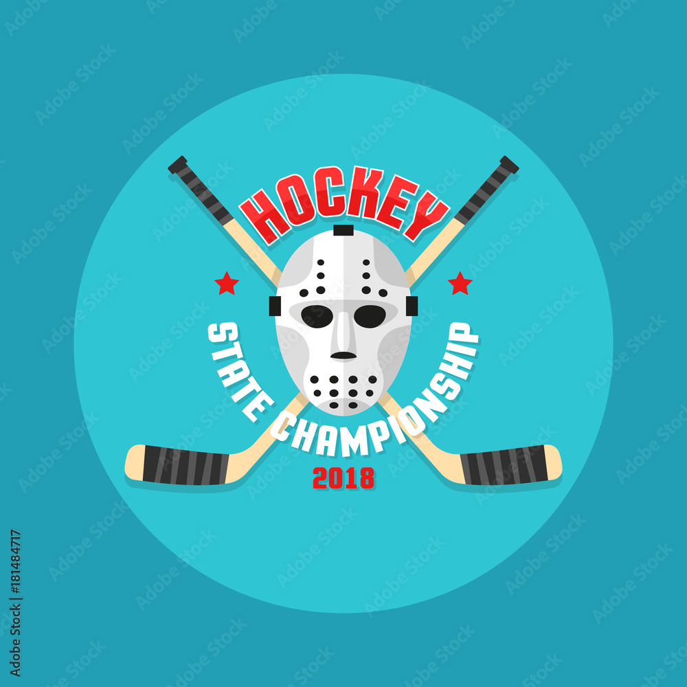 Wall mural hockey logo in a flat style with a goalkeeper's mask and crossed sticks.