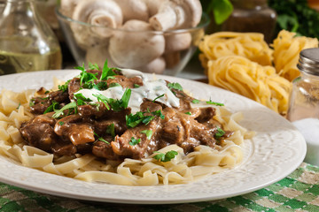 Homemade beef Stroganoff with pasta