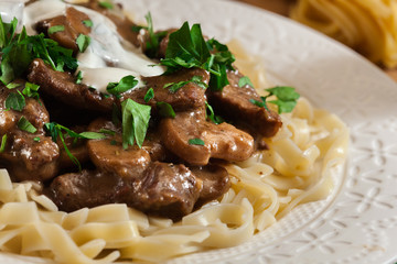 Homemade beef Stroganoff with mushrooms