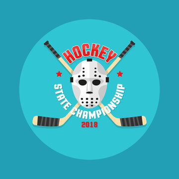 Hockey logo in a flat style with a goalkeeper's mask and crossed sticks.