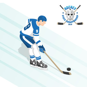 Ice hockey player with puck in white blue uniforms during the game on ice. Isometric vector illustration. And hockey flat logo with goalie mask and crossed sticks.