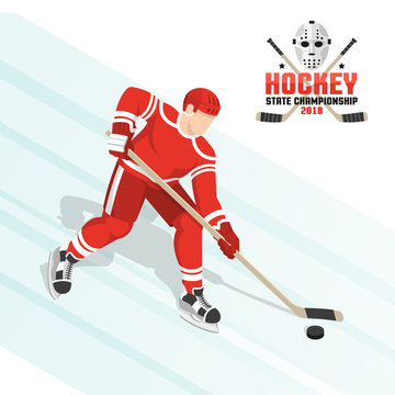 Hockey player leads the puck on ice in a red uniform. Vector isometric illustration. And hockey flat emblem with crossed sticks and goalie mask.