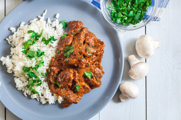 Beef Stroganoff served with rice