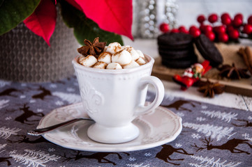 Cup of hot cocoa with marshmallow with Christmas decorations